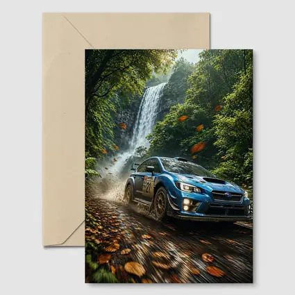 Subaru WRX Rally Racing Through Forest Waterfall