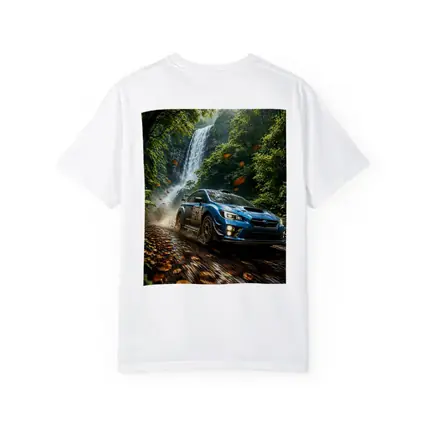 Subaru WRX Rally Racing Through Forest Waterfall
