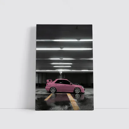 Pink Subaru WRX Parked Underground Garage
