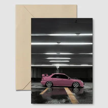 Pink Subaru WRX Parked Underground Garage