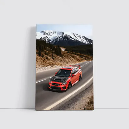 Red Subaru WRX STI Snowy Mountain Road