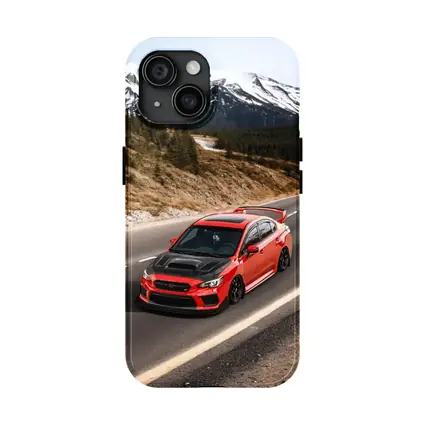 Red Subaru WRX STI Snowy Mountain Road