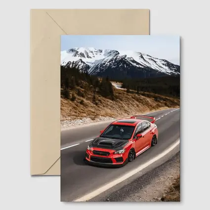 Red Subaru WRX STI Snowy Mountain Road