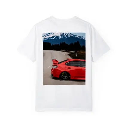 Red Subaru WRX STI Snowy Mountain Road