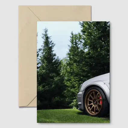 Subaru WRX Silver Bronze Wheels Green Trees
