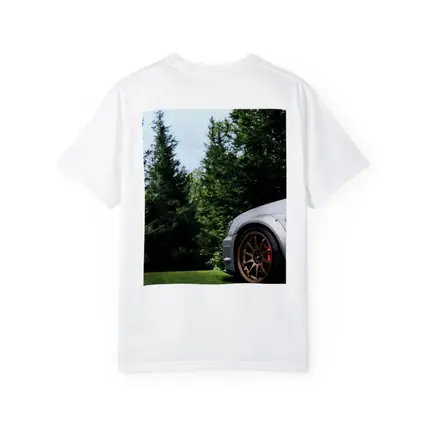 Subaru WRX Silver Bronze Wheels Green Trees