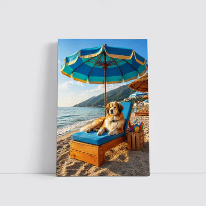 Golden Retriever Relaxing On Summer Beach
