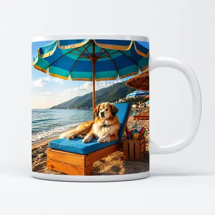 Golden Retriever Relaxing On Summer Beach