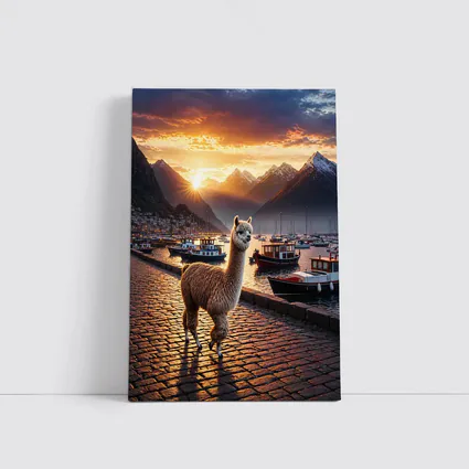 Alpaca Standing at Sunset Harbor Mountains