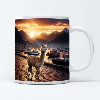 Alpaca Standing at Sunset Harbor Mountains