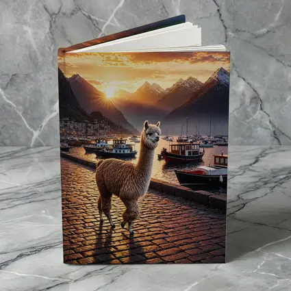 Alpaca Standing at Sunset Harbor Mountains