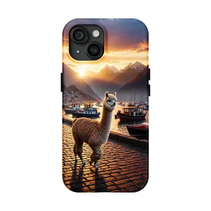Alpaca Standing at Sunset Harbor Mountains