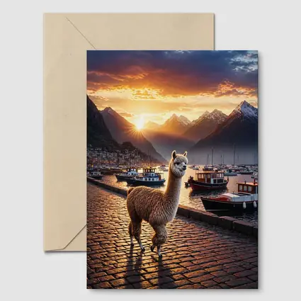 Alpaca Standing at Sunset Harbor Mountains