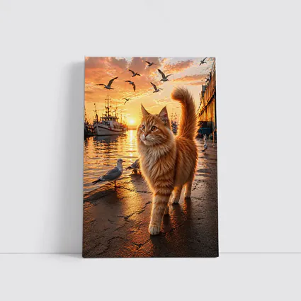 Fluffy Orange Cat Harbor Sunset Seagulls