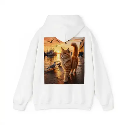 Fluffy Orange Cat Harbor Sunset Seagulls