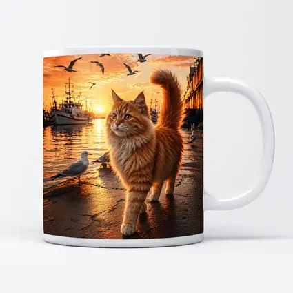 Fluffy Orange Cat Harbor Sunset Seagulls
