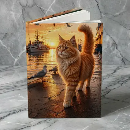 Fluffy Orange Cat Harbor Sunset Seagulls