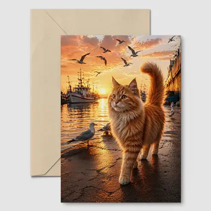 Fluffy Orange Cat Harbor Sunset Seagulls