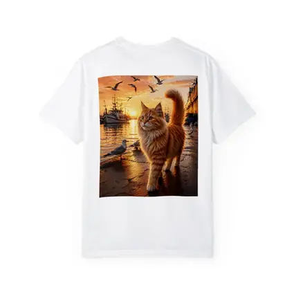 Fluffy Orange Cat Harbor Sunset Seagulls