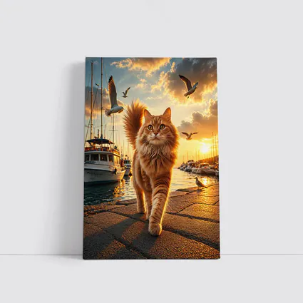 Orange Cat Walking Marina at Golden Sunset