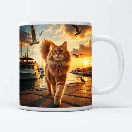 Orange Cat Walking Marina at Golden Sunset