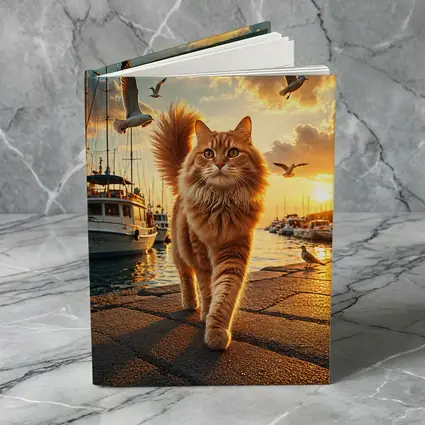 Orange Cat Walking Marina at Golden Sunset