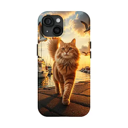 Orange Cat Walking Marina at Golden Sunset