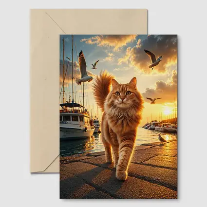 Orange Cat Walking Marina at Golden Sunset