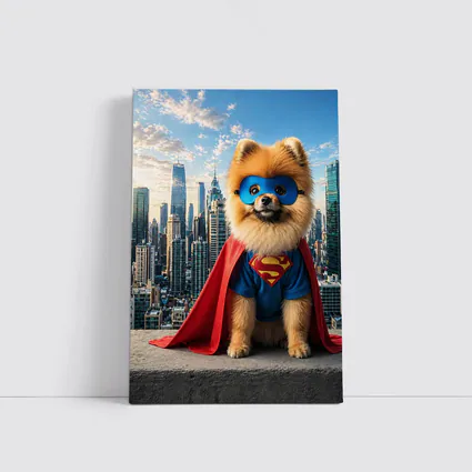 Pomeranian Superman Costume City Skyline