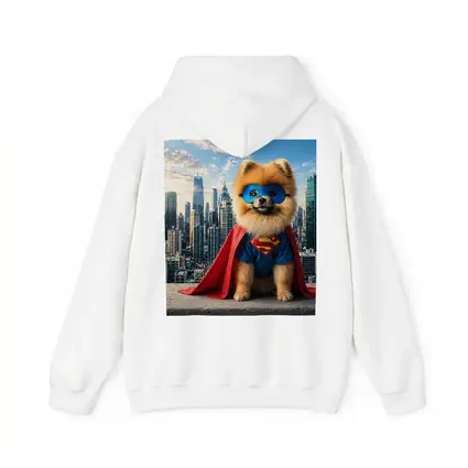 Pomeranian Superman Costume City Skyline
