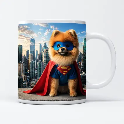 Pomeranian Superman Costume City Skyline