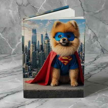 Pomeranian Superman Costume City Skyline