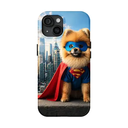 Pomeranian Superman Costume City Skyline