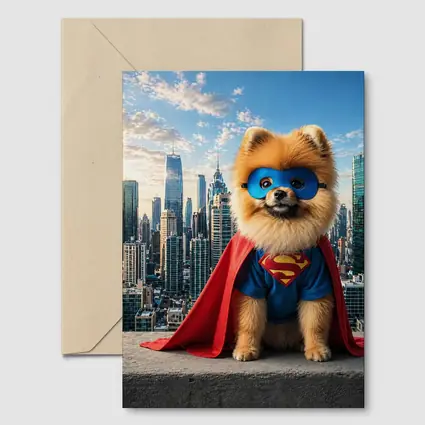 Pomeranian Superman Costume City Skyline