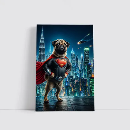 Pug Superman Hero Futuristic City Night