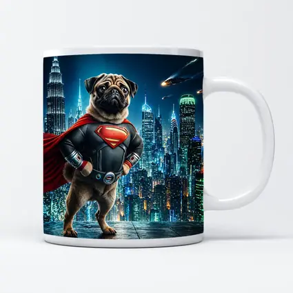 Pug Superman Hero Futuristic City Night