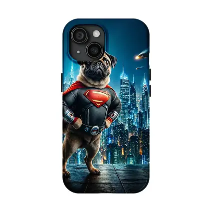 Pug Superman Hero Futuristic City Night