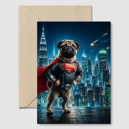 Pug Superman Hero Futuristic City Night