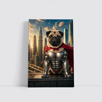 Superhero Pug in Armor City Skyline
