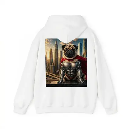 Superhero Pug in Armor City Skyline