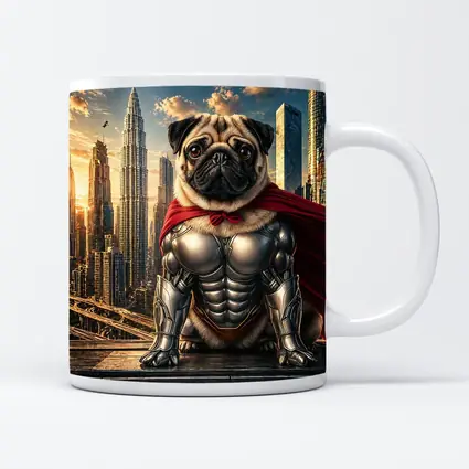 Superhero Pug in Armor City Skyline