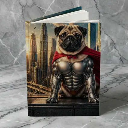 Superhero Pug in Armor City Skyline