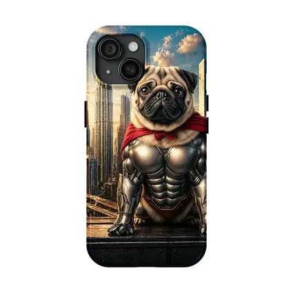 Superhero Pug in Armor City Skyline