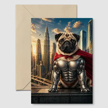 Superhero Pug in Armor City Skyline