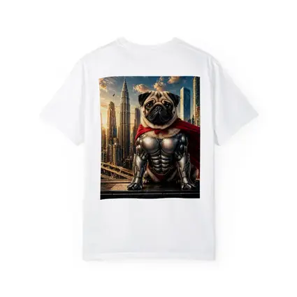 Superhero Pug in Armor City Skyline