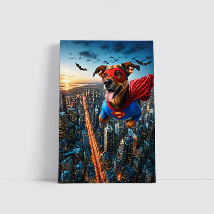 Superhero Dog Flying Over City Skyline