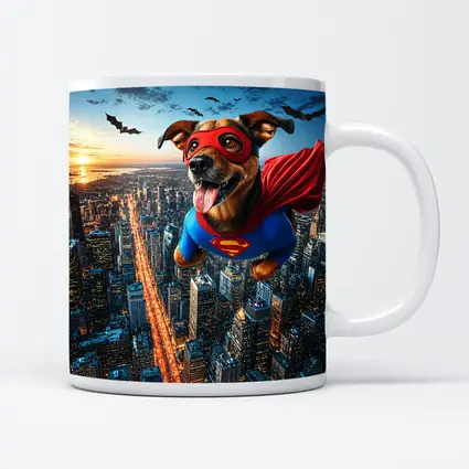 Superhero Dog Flying Over City Skyline