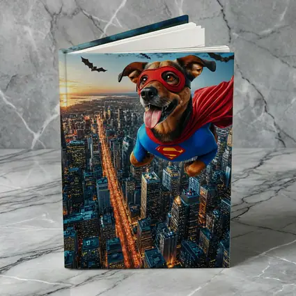 Superhero Dog Flying Over City Skyline