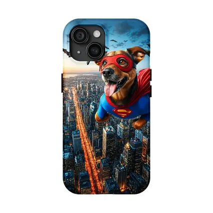 Superhero Dog Flying Over City Skyline