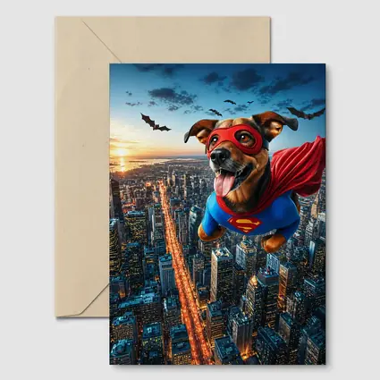 Superhero Dog Flying Over City Skyline